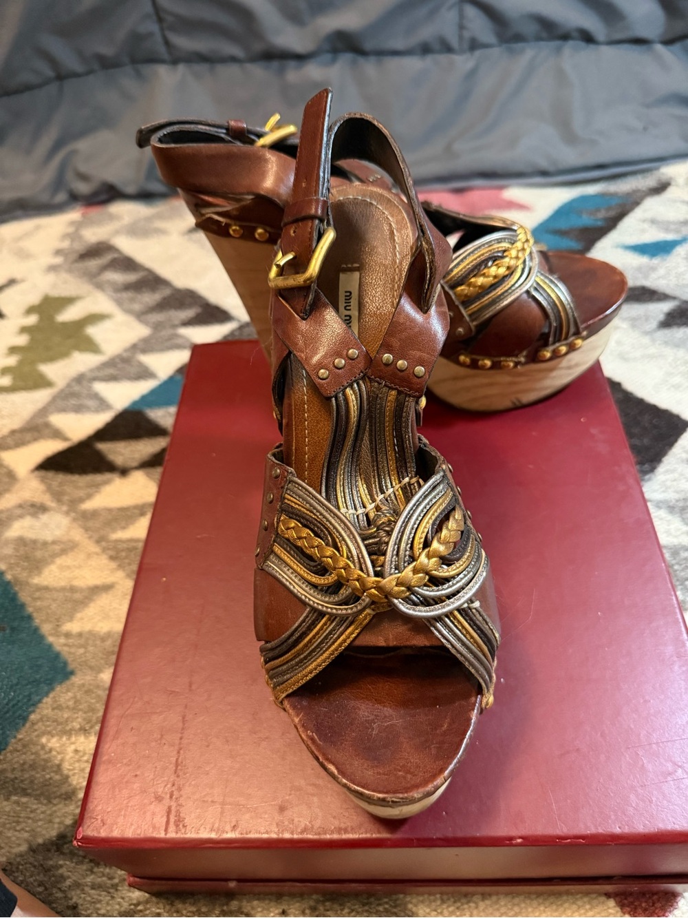 Miu Miu Brown Leather Braided Platform Sandals with Gold Accents
